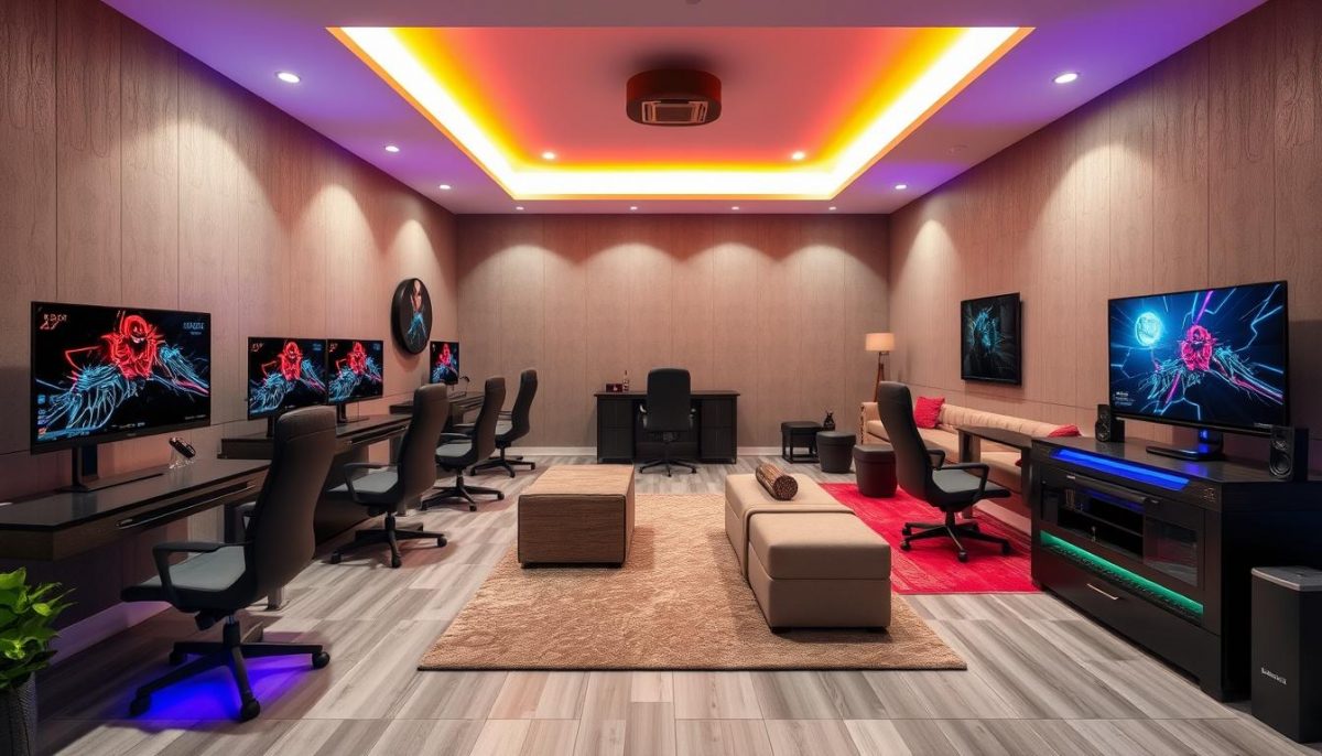 Game Room Layout with Space Efficient Design and Gaming Furniture Options