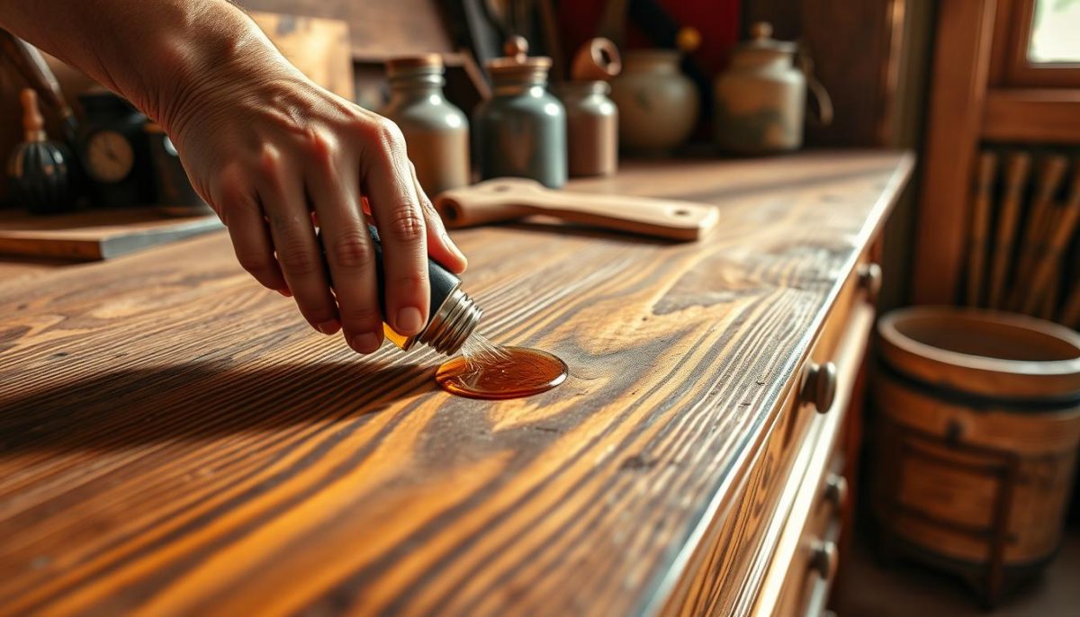 applying hemp oil to vintage dresser restoration